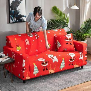 Christmas Print Sofa Cover Red High Stretch Durable Furniture (Cover only)